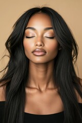 Fototapeta premium beautiful african american woman with long black hair wig and chic style in studio photography with neutral beige background and soft lighting