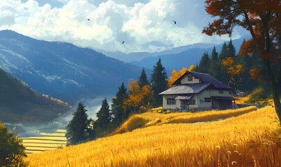A Traditional House on a Hilltop Overlooking a Peaceful Landscape for Scenic Views