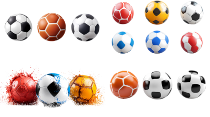 a collection of soccer balls, a symbol of passion, teamwork, and competition. This high-quality photo shows a variety of soccer balls with different colors and patterns.