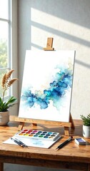 Watercolors Canvas mockup with Easel setup on a wooden table , creative workspace, art supplies