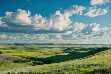 Fototapeta premium Expansive Green Hills Under Dramatic Blue Sky with Billowing Clouds in Serene Landscape