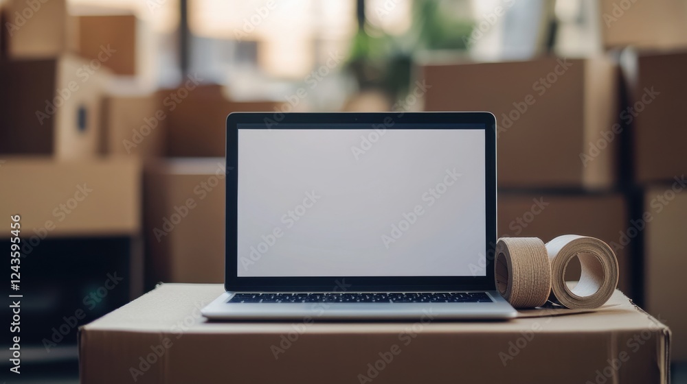 Poster minimalist workspace with a laptop on a cardboard box surrounded by packing materials in a bright an