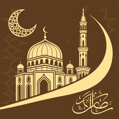 Eid Mubarak Muslim art greetings with golden mosque and brown background wallpaper. abstract vector illustration design.
