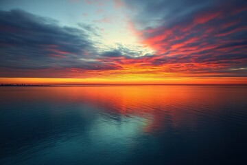 Naklejka premium Breathtaking Sunset Over Calm Water with Vibrant Colors and Dramatic Clouds in the Sky
