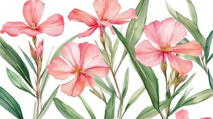 Watercolor Floral Art with Delicate Pink Flowers and Lush Green Leaves