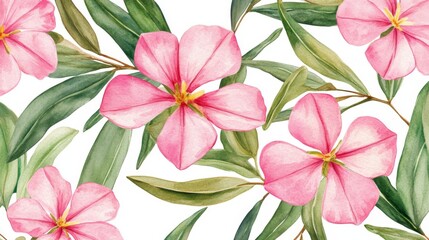 Fototapeta premium Watercolor Pink Floral Pattern with Lush Green Leaves