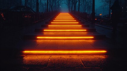 A staircase with the next step illuminated, embodying the concept of success, the pursuit of goals, and taking one step at a time toward achieving greater accomplishments.