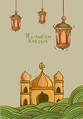 Ramadan Kareem or Eid Mubarak Islamic icon with mosque, lantern, lamp, cressent moon vector illustration background vector design.