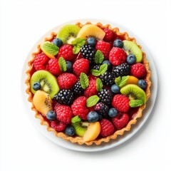 Obraz premium Vibrant Fruit Tart with Fresh Berries and Kiwi Slices on a White Plate Ready for Enjoyment
