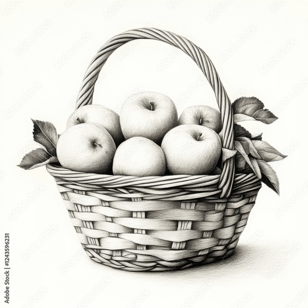 Poster freshly picked apples in a woven basket surrounded by leaves in an autumn setting