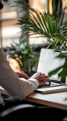 A close-up of a marketing strategist creating ad copy on a laptop in a modern office with plants and sleek furniture