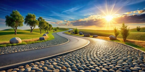 Fototapeta premium Serene Winding Road at Sunset with Cobblestone Path and Lush Green Landscape