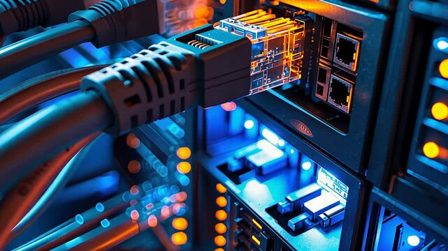 Close-Up of Network Cables Being Plugged Into Server Ports in a High-Tech Data Center with Glowing LEDs

