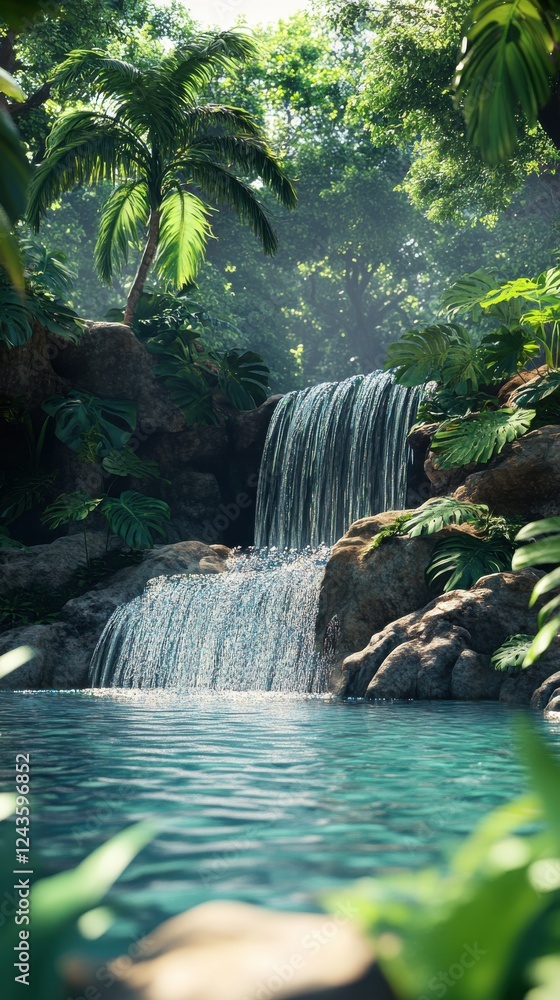 Poster lush tropical oasis with a serene waterfall surrounded by vibrant foliage in a tranquil setting