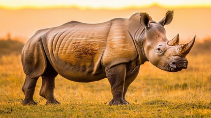 Fototapeta premium Majestic Rhinoceros in Golden Sunrise on African Savannah Landscape