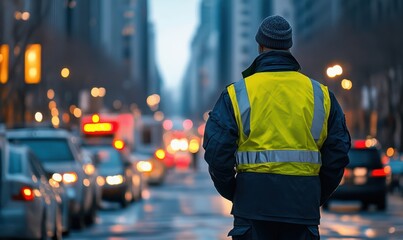 Fototapeta premium Security guard directing traffic working on street
