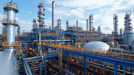 Aerial image of a chemical plant with large storage tanks, extensive pipes, and production facilities. The shot emphasizes the vast scale of the industrial site.
