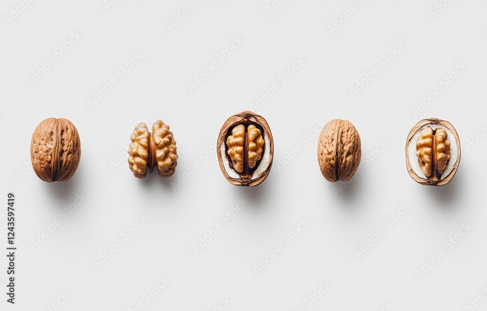 Poster five nuts arranged in a row on a white surface, displaying various stages of opening to reveal the i