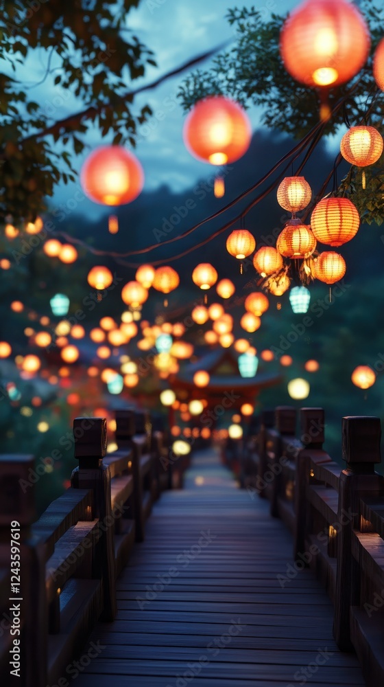 Poster bridge adorned with lanterns illuminates the night in a tranquil setting near a serene landscape