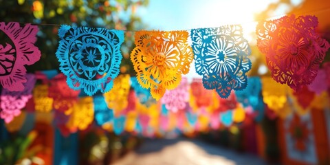 Vibrant Papel Picado Banner in Sunny Mexican Street