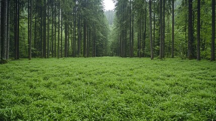 Lush green forest path, ferns, trees, misty background, nature tranquility