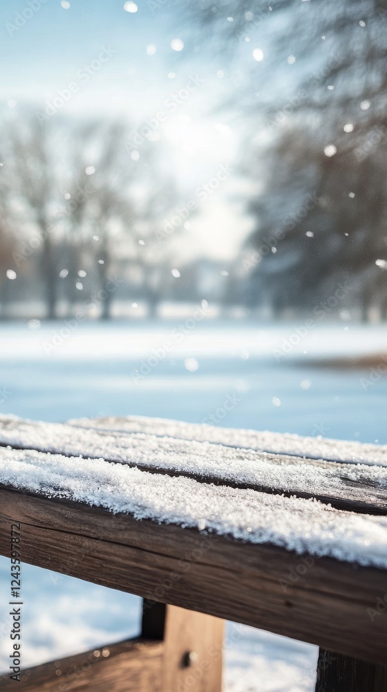 Aufkleber close-up view of a snowy wooden surface highlighting a winter landscape and soft snowflakes falling 