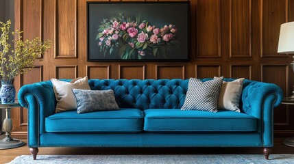 Teal accent sofa against paneling wall in modern living room