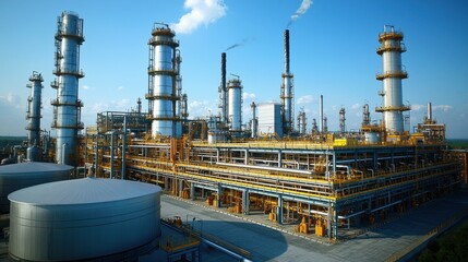 Obraz premium Top-down view of an oil refinery with extensive piping systems, storage tanks, and refining units. The image highlights the organized structure and industrial scale.
