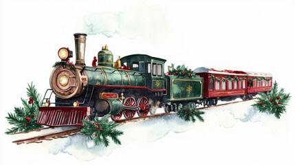 Vintage Christmas Train Watercolor Illustration