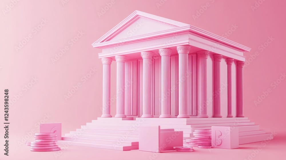 Aufkleber a minimalist pink temple structure with classic columns, surrounded by geometric shapes, creating a 