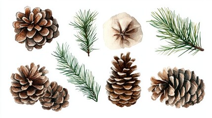 Watercolor Pine Cones and Branches - Festive Botanical Illustration