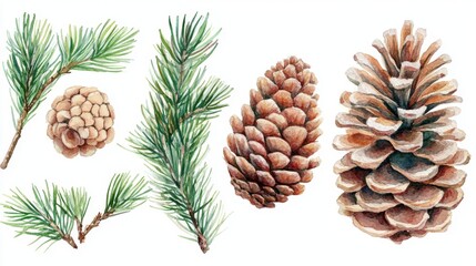 Watercolor Pine Branches and Cones - Nature Art