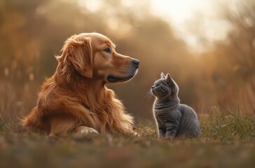 Adorable Golden Retriever and Playful Gray Kitten Sharing a Heartwarming Moment in a Serene Autumn Landscape at Sunset