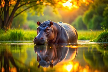 Fototapeta premium Pygmy Hippopotamus in Lush African Wetland at Dawn - Wildlife Photography