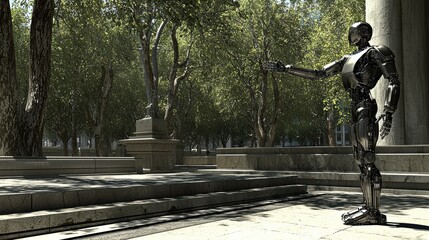 Robotic interaction showcase urban park digital art green environment side view futuristic technology concept