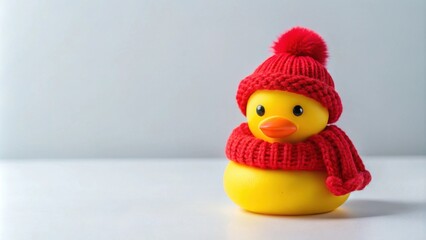 A cheerful yellow rubber duck wearing a cozy red knitted hat and scarf