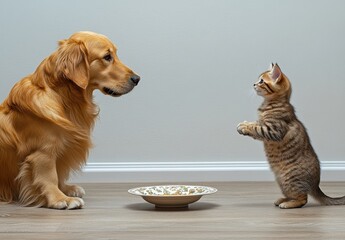 Adorable Golden Retriever and Playful Tabby Kitten Facing Each Other with a Empty Food Bowl Between Them in a Cozy Indoor Setting