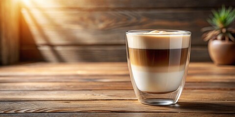 Layered Coffee Drink in Glass on Wooden Surface