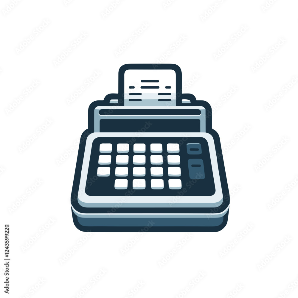 Poster cash register icon in minimalist flat design with keypad and receipt slot on plain background