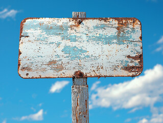 Rusty blank road sign under clear blue sky outdoor close-up view conceptual imagery