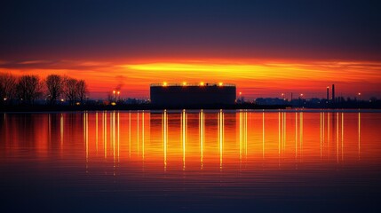 Fototapeta premium The tank in the industrial zone is illuminated by the warm glow of the sunset, as the sky transitions from golden yellow to vibrant orange and red, creating a striking contrast.