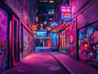 Neon lit urban alley at night with colorful graffiti, ideal for city or nightlife imagery