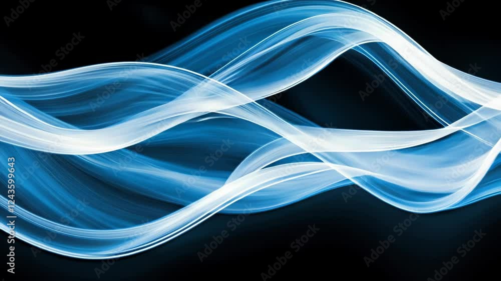 Poster abstract representation of flowing blue light waves against a dark background creating a sense of mo