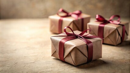 Obraz premium Three Wrapped Presents with Burgundy Ribbons on Rustic Wood