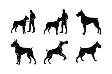 Boxer dog silhouette collection isolated on white