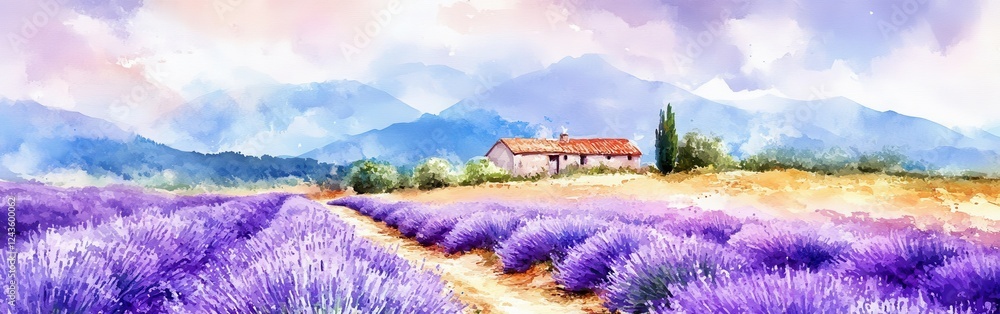 Aufkleber scenic lavender field with distant mountains and a rustic house under a pastel sky at golden hour