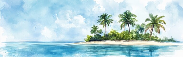 Fototapeta premium Lush tropical island with palm trees and clear blue waters under a bright sky