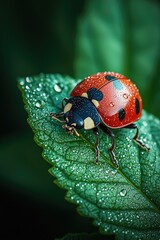 Obraz premium Ladybug on Dew Covered Green Leaf