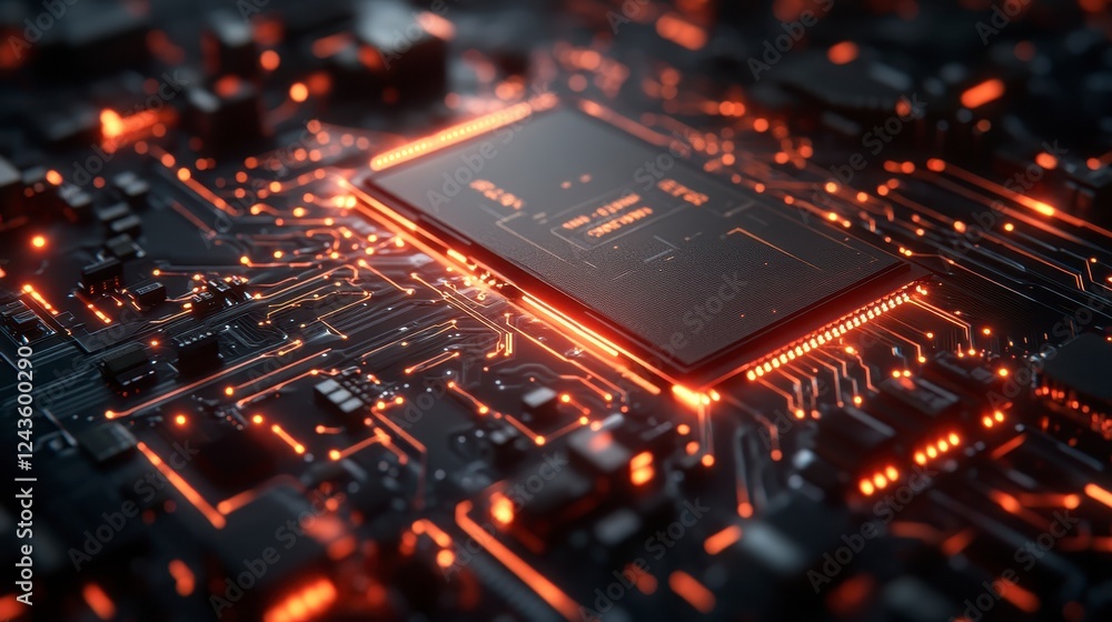 Poster close up view of a central processing unit on a circuit board, glowing orange, dark background