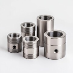 Collection of Various Stainless Steel Pipe Fittings with Threaded Edges on White Background